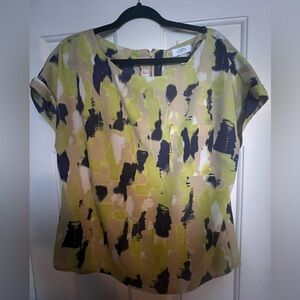 LOFT tan, blue and green modern print blouse